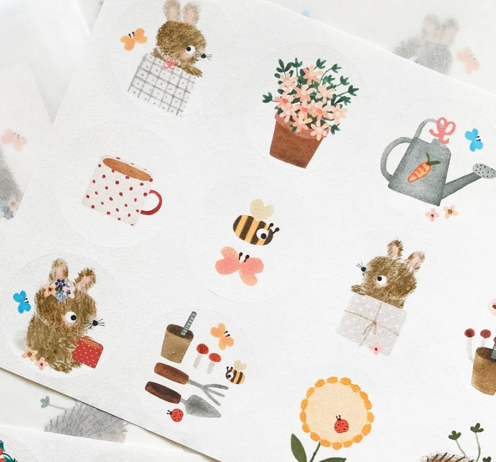Cottontails Baby Stickers & Stationery | Bunny Cards & Stationery*Handmade Paper Stickers - Gardening Bunnies
