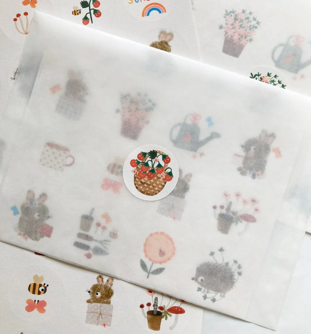 Cottontails Baby Stickers & Stationery | Bunny Cards & Stationery*Handmade Paper Stickers - Gardening Bunnies