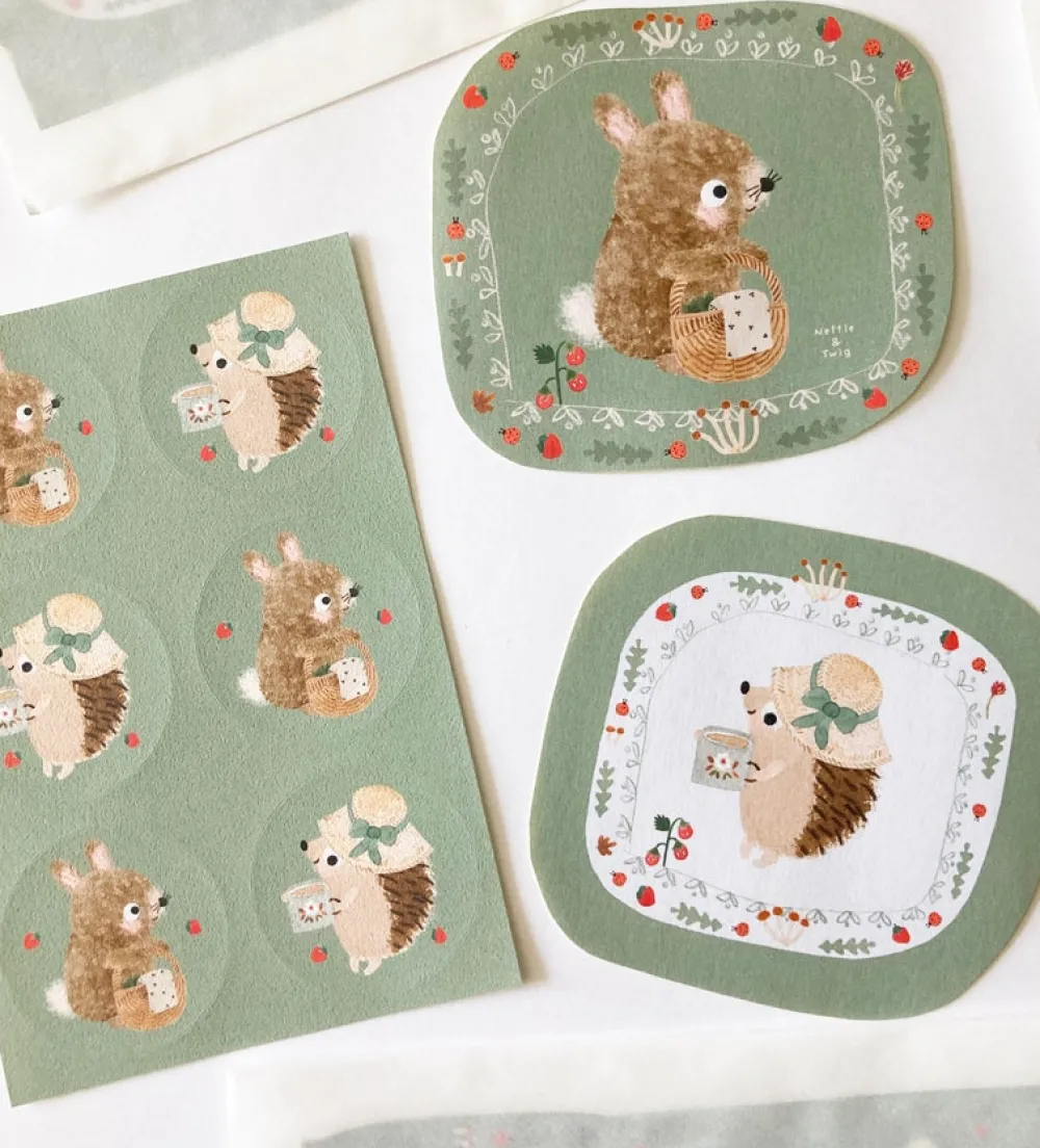 Cottontails Baby Stickers & Stationery | Bunny Cards & Stationery*Handmade Paper Stickers - Hedgehog & Bunny